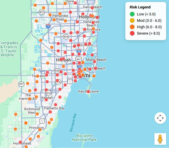 National Mold Index Risk Map for Miami Florida showing severe risk zones